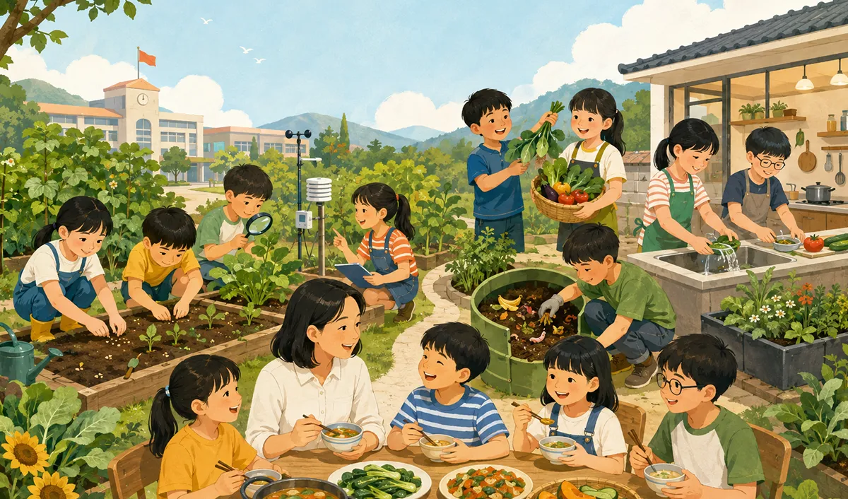 校園智慧菜園示意圖：微氣象站與土壤感測器豎立在菜園中，協助學生觀察土壤濕度、日照與天氣資料，讓食農教育活動從體驗走向數據探究。