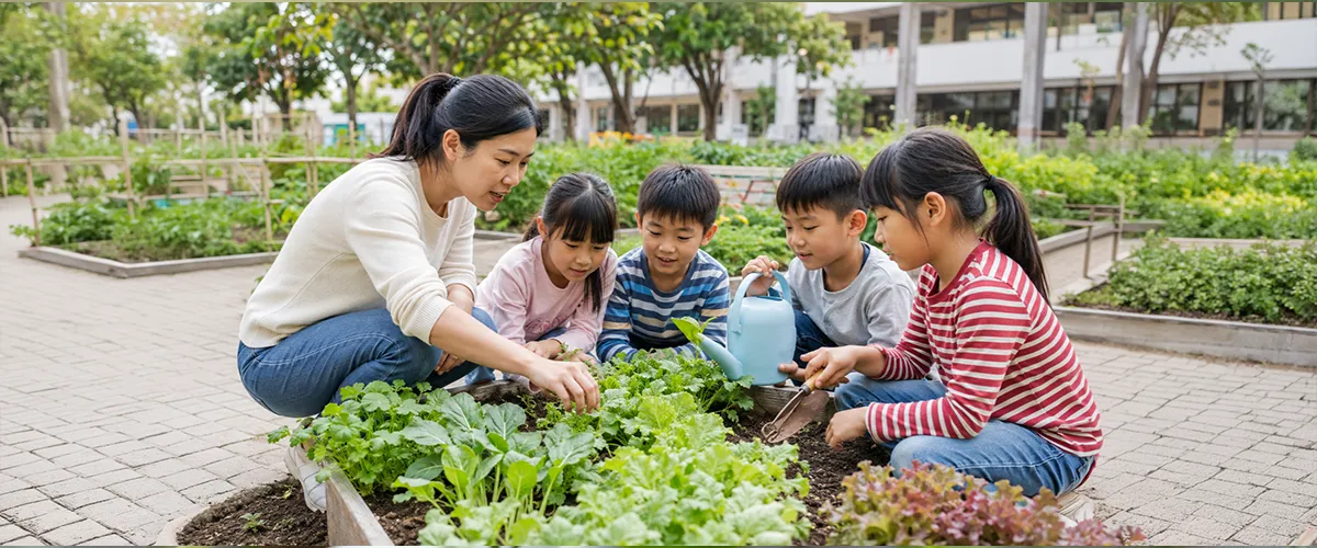 間歇灌溉示意圖：透過土壤濕度感測器、微氣象站與 I/O 控制盒，讓灌溉依照濕潤、吸收、再補水的節奏自動執行，實現智慧灌溉與精準農業水分管理。
