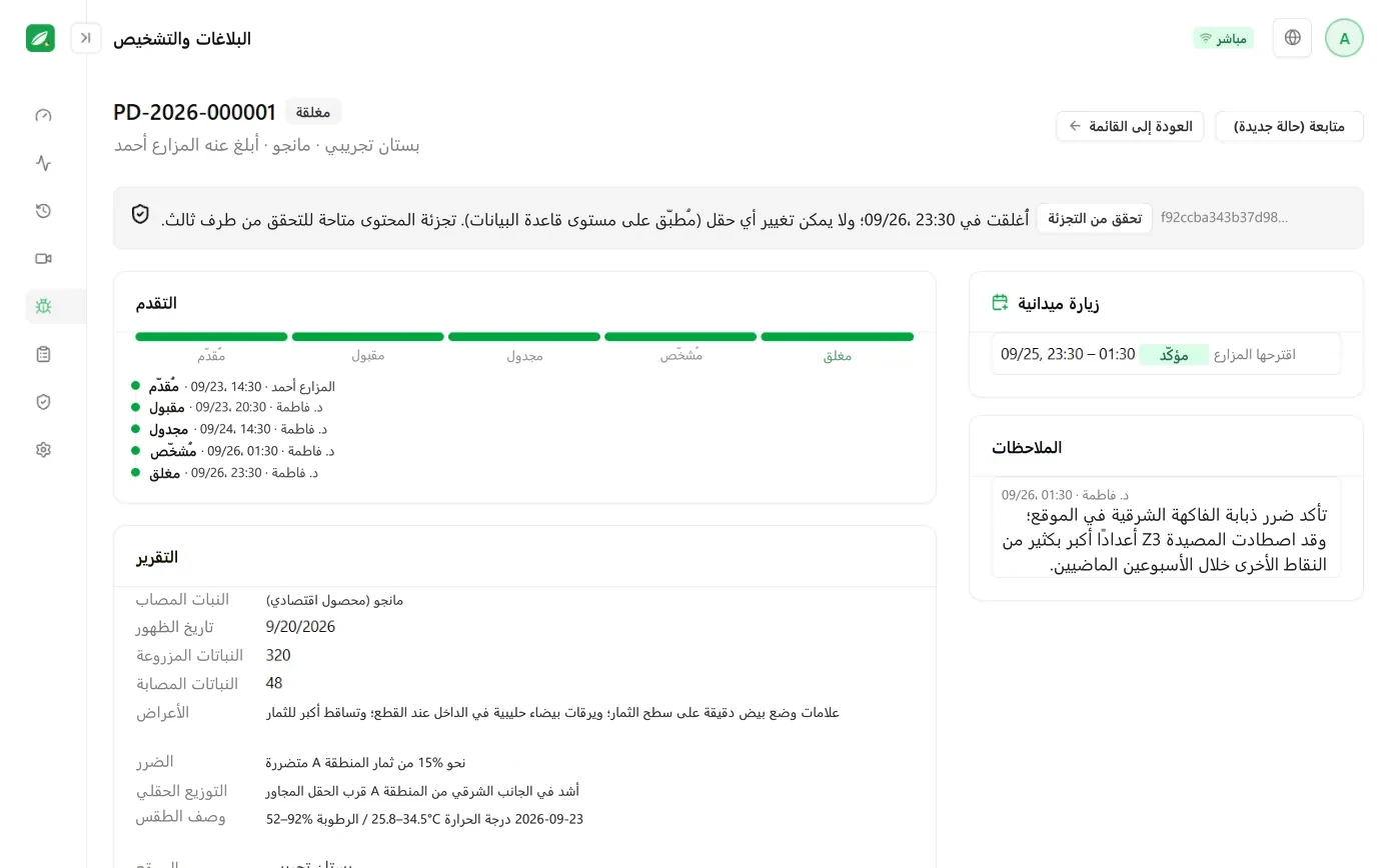 شاشة حالة التشخيص: شريط تقدم الحالة ومحتوى البلاغ وتقرير التشخيص