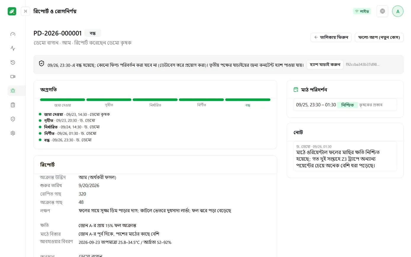 রোগনির্ণয় কেস স্ক্রিন: কেসের অগ্রগতি বার, রিপোর্টের বিবরণ ও রোগনির্ণয় প্রতিবেদন
