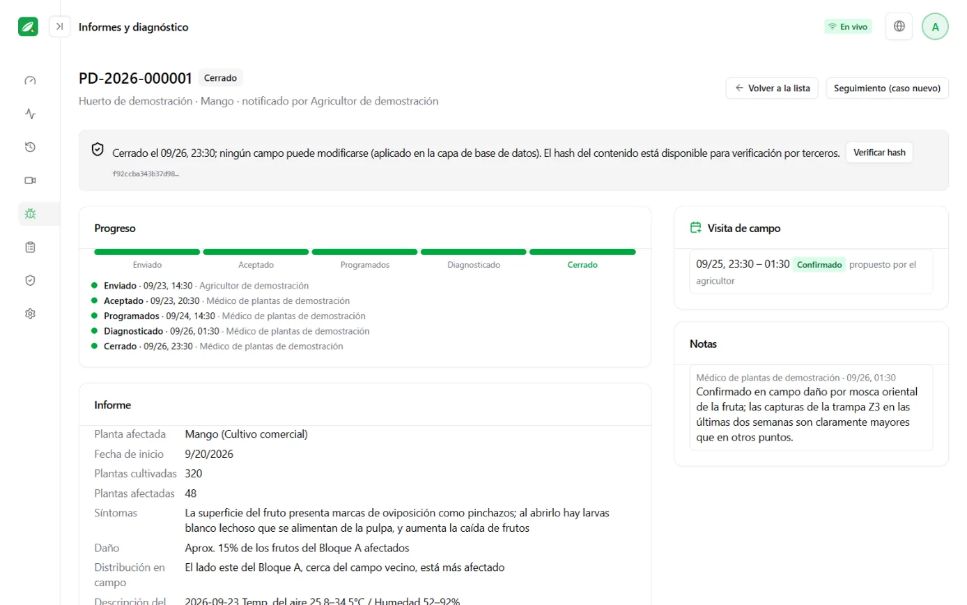 Pantalla de casos de diagnóstico: barra de avance del caso, contenido del reporte y certificado de diagnóstico