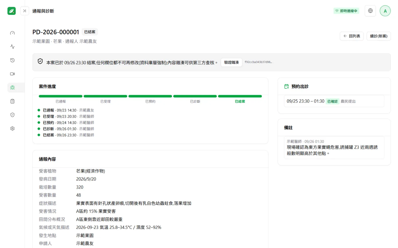 診斷案件畫面：案件進度條、通報內容與診斷書
