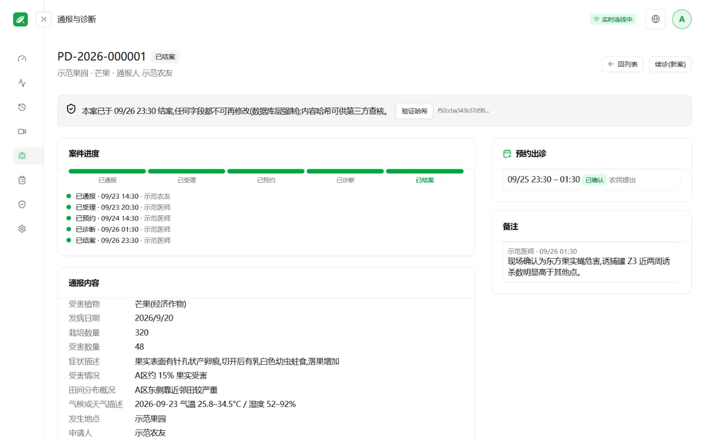 诊断案件画面：案件进度条、通报内容与诊断书
