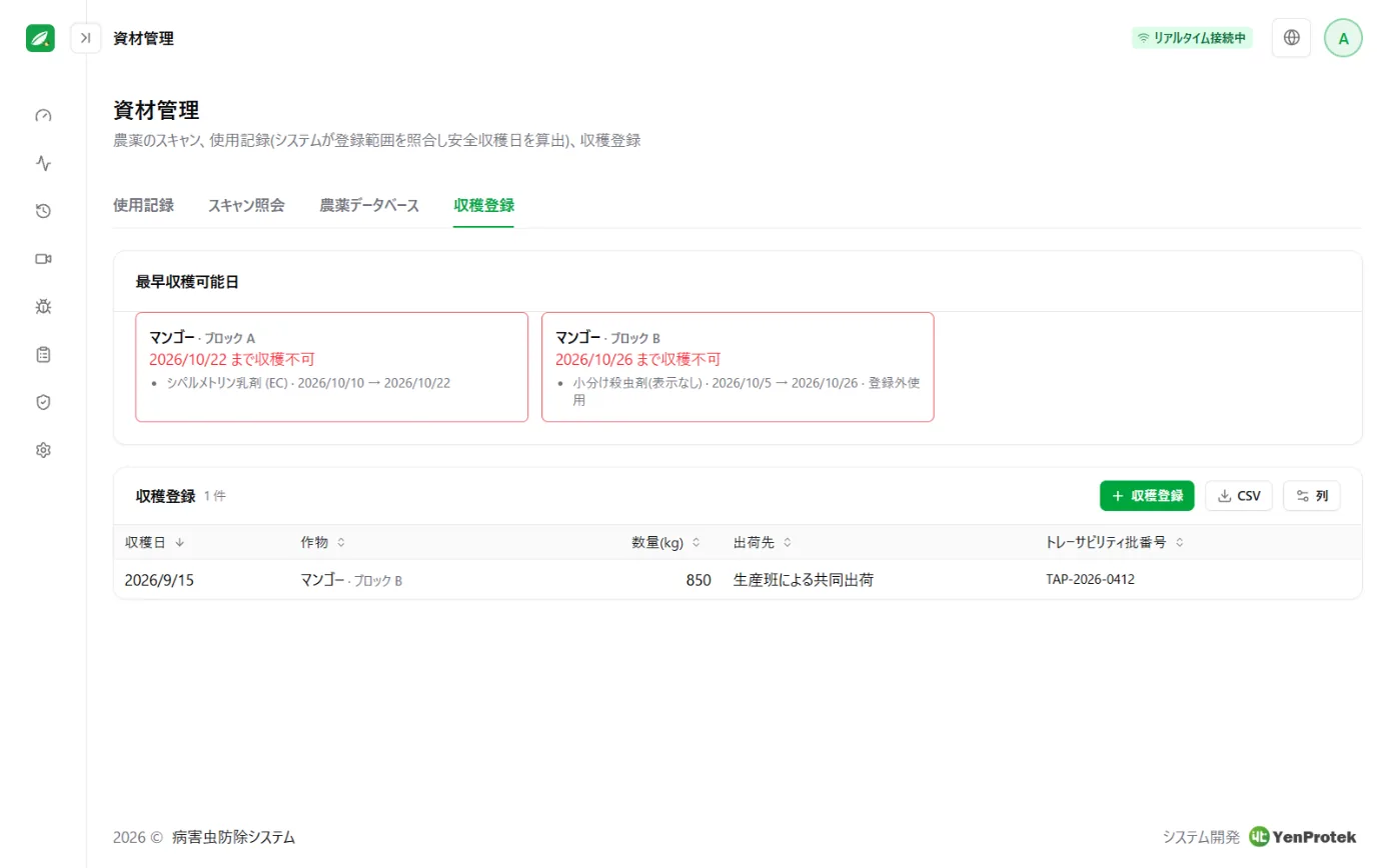 収穫登録画面：収穫前日数が経過していない旨の通知。ある日までは収穫できないことを表示