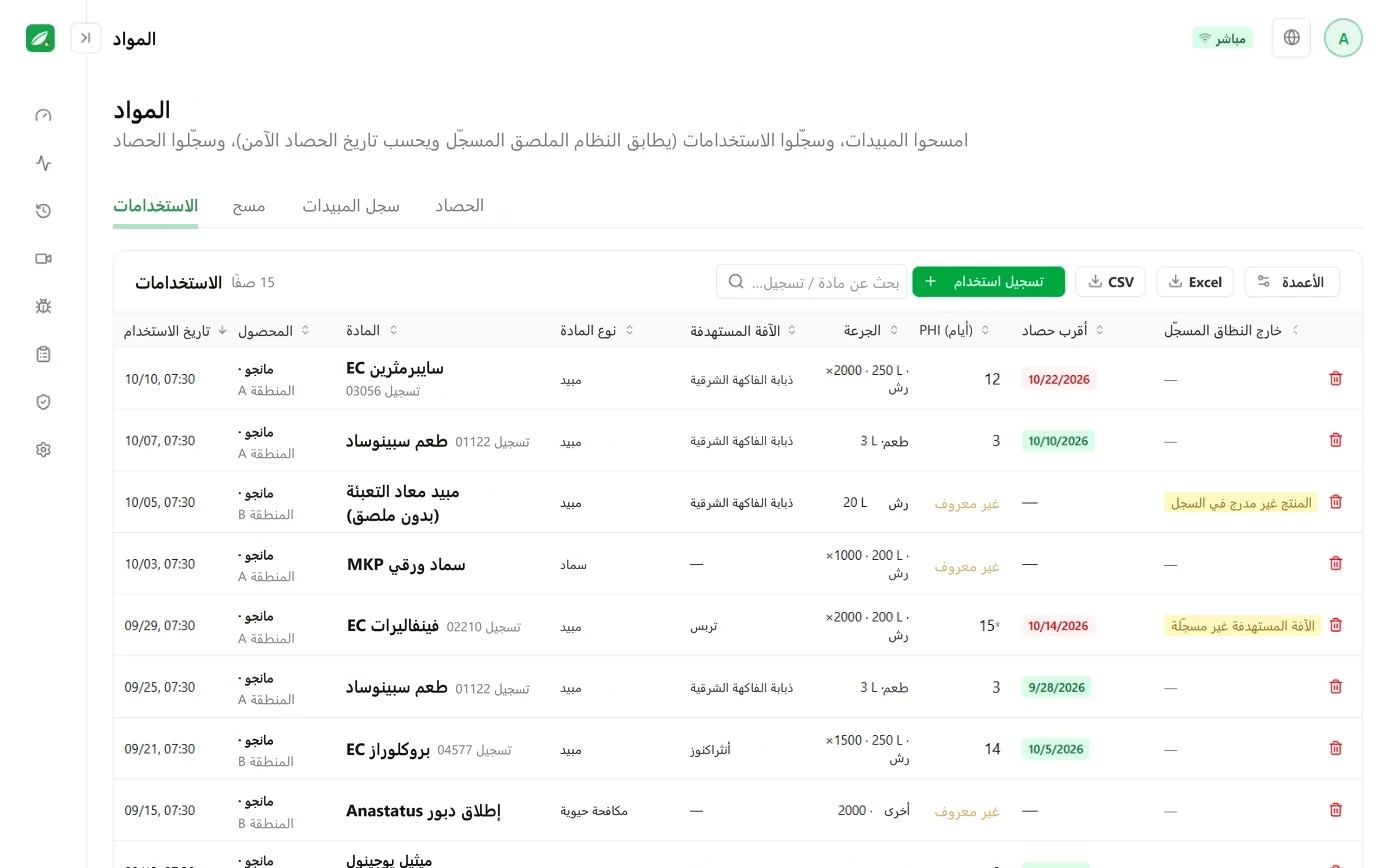 شاشة سجل استخدام المواد: جدول استخدام المبيدات، مع أبكر موعد للحصاد ونتيجة المقارنة لكل إدخال
