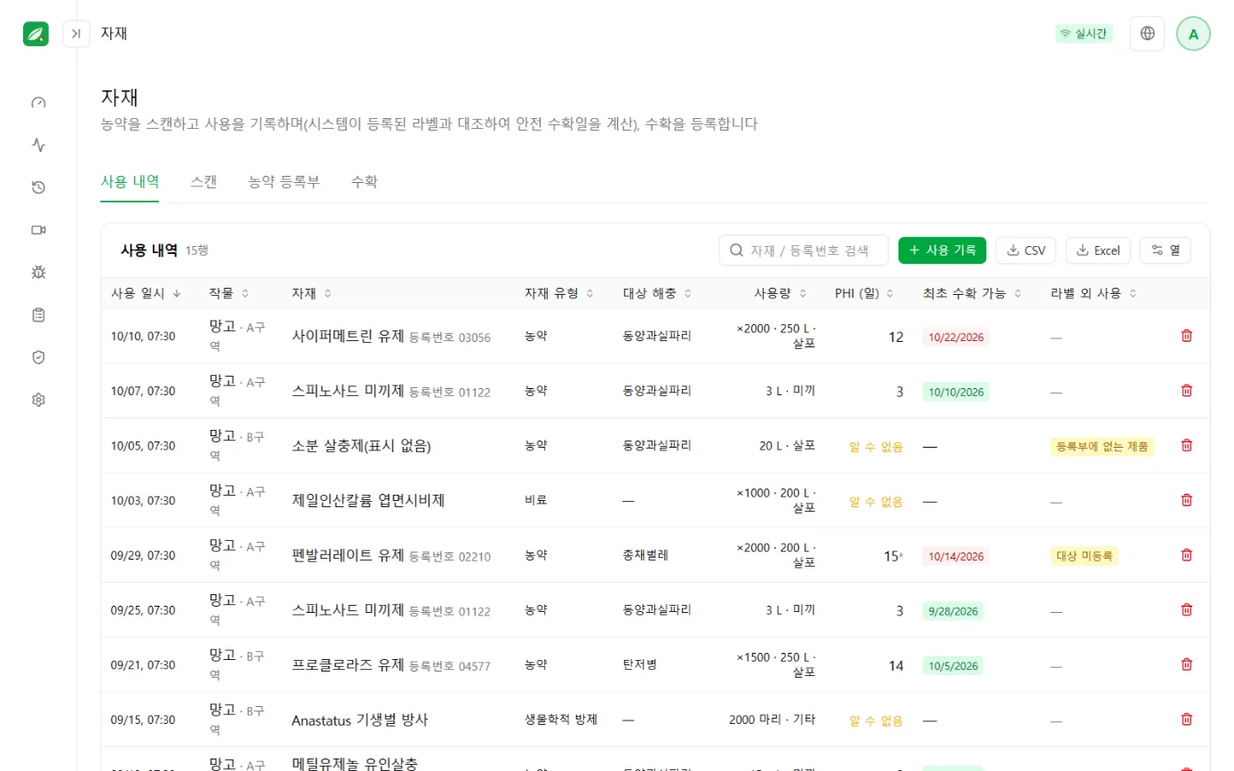 자재 사용 기록 화면: 농약 사용 기록 표, 건별로 가장 이른 수확 가능일과 대조 결과 표시