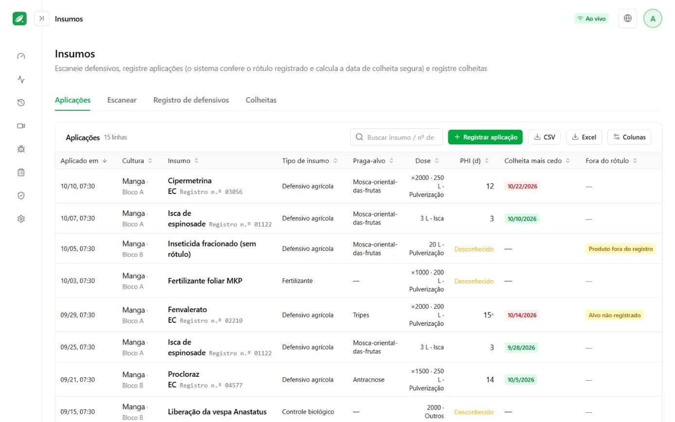 Tela de registro de uso de insumos: tabela de aplicações, com a primeira data possível de colheita e o resultado da conferência em cada registro