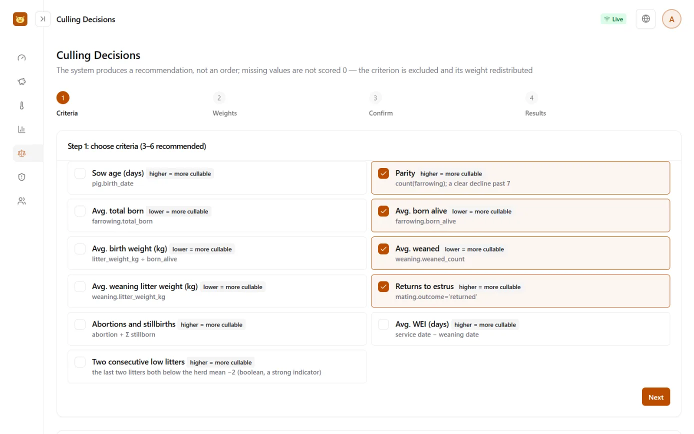 Culling decision screen: ranking results from the four-step wizard, with each candidate sow's criterion contributions and total score