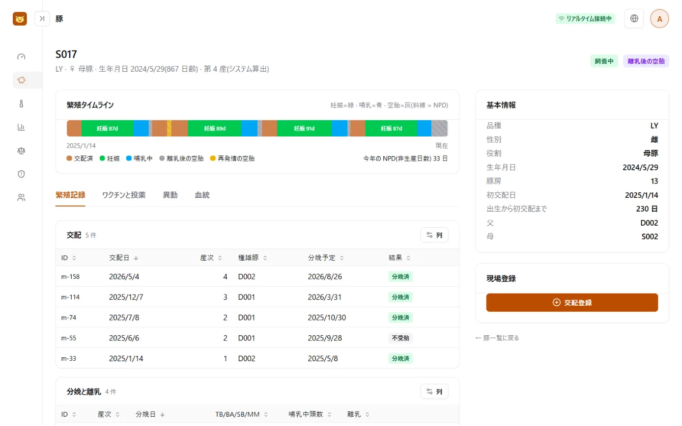 母豚の個体画面：基本情報、色分けされた繁殖タイムライン、交配・分娩・離乳の記録表