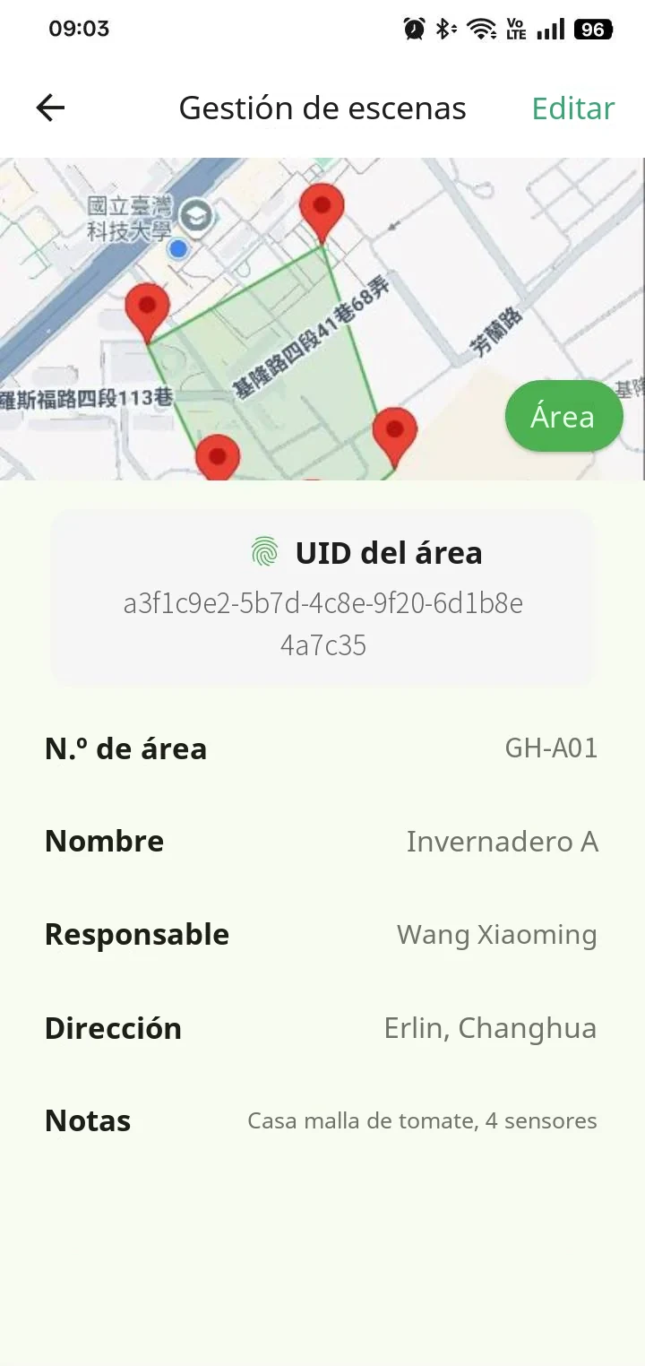 Página de sitios de la App de FarmerPack: delimite el sitio en el mapa y registre al responsable y la dirección