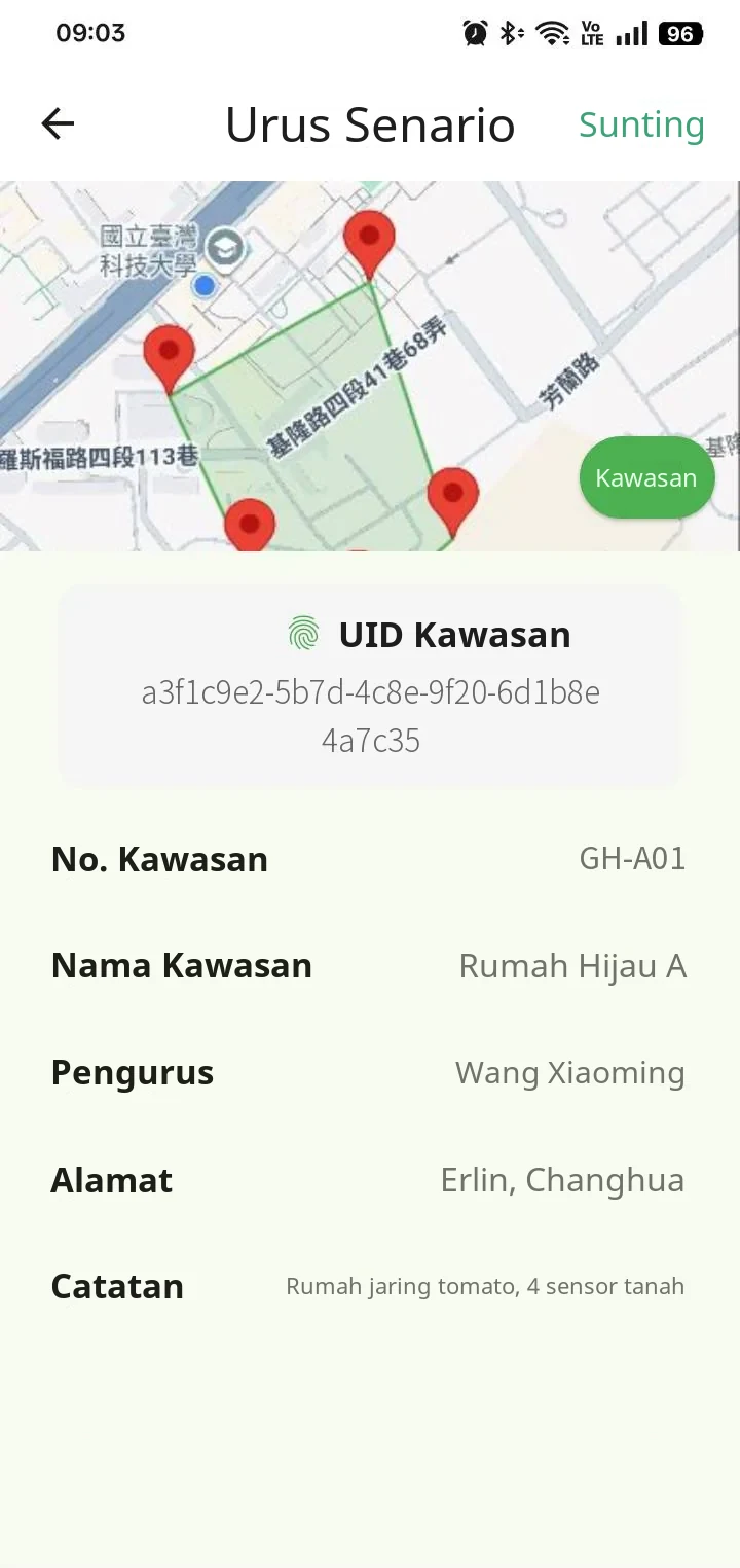 Halaman lokasi App FarmerPack: tandakan kawasan lokasi pada peta, serta rekod orang yang bertanggungjawab dan alamat