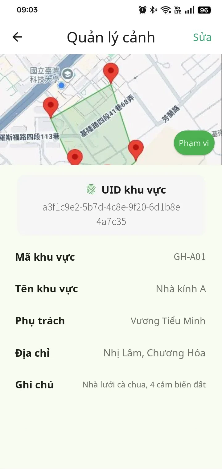 Trang địa điểm trên App FarmerPack: khoanh vùng địa điểm trên bản đồ, ghi người phụ trách và địa chỉ