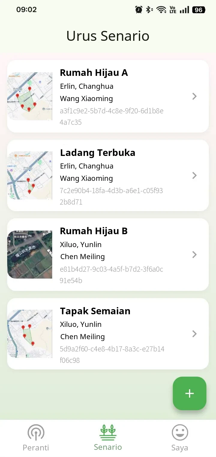 Pengurusan senario App FarmerPack: senarai pelbagai lokasi seperti rumah hijau, ladang terbuka dan tapak semaian