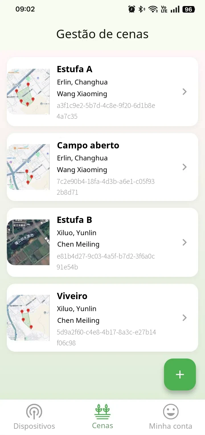 Gestão de cenários no App do FarmerPack: estufas, campos abertos, viveiros de mudas e outros locais em uma só tela