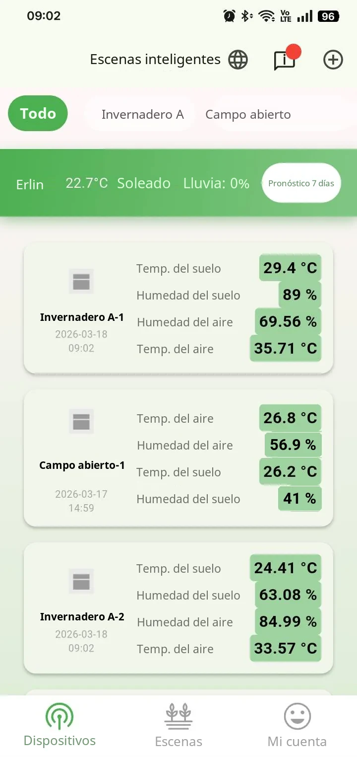 Página de dispositivos de la App de FarmerPack: temperatura y humedad del suelo y del aire en tiempo real por zona, con el clima local
