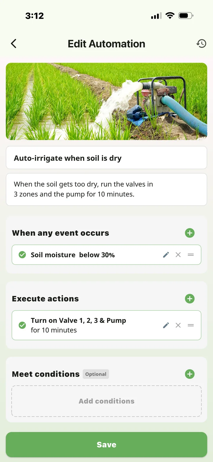 FarmerPack App automation editor: when soil moisture drops below 30%, open valves 1, 2 and 3 and the motor for 10 minutes