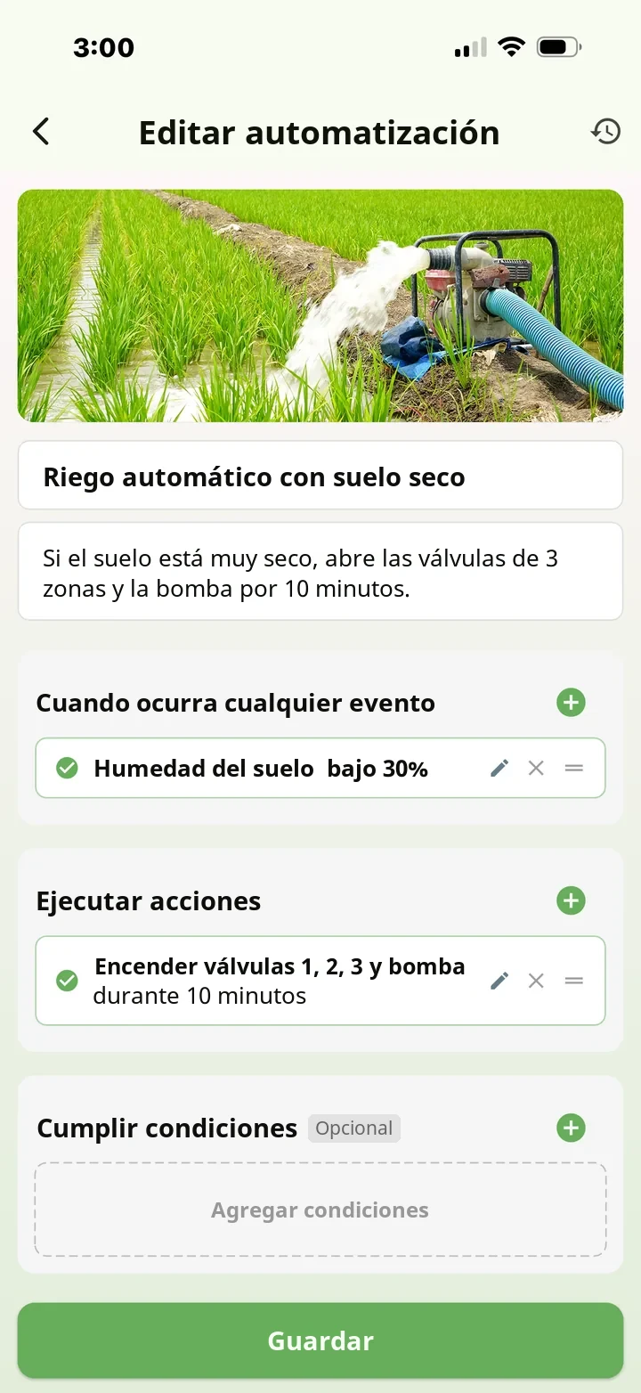 Pantalla de edición de automatización en la App de FarmerPack: cuando la humedad del suelo baja del 30%, abre las válvulas 1, 2 y 3 y el motor durante 10 minutos
