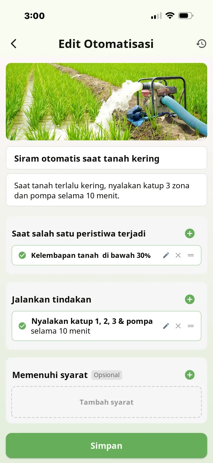 Layar edit otomasi aplikasi FarmerPack: jika kelembapan tanah di bawah 30%, nyalakan katup 1, 2, 3 dan motor selama 10 menit