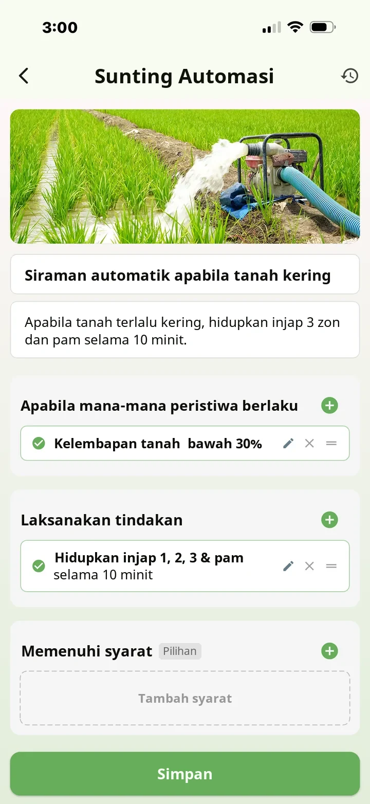 Skrin penyuntingan automasi App FarmerPack: apabila kelembapan tanah di bawah 30%, buka injap air 1, 2, 3 dan motor selama 10 minit