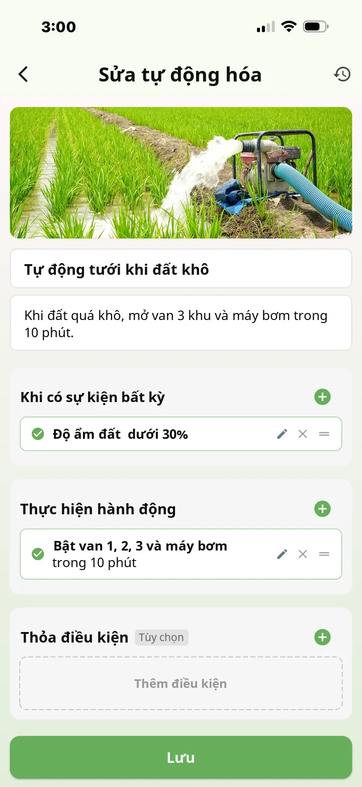 Màn hình chỉnh sửa liên động trên App FarmerPack: khi độ ẩm đất dưới 30%, mở van 1, 2, 3 và động cơ trong 10 phút