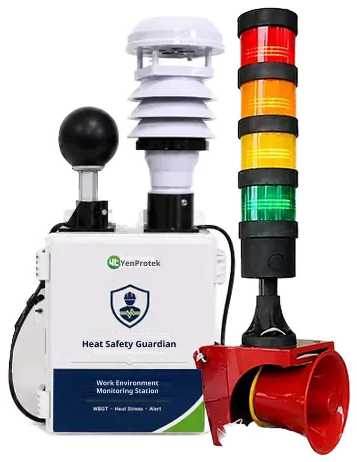 Heat Safety Guardian standard hardware package: main unit, micro-weather sensors, tri-color signal light, and audible-visual alarm