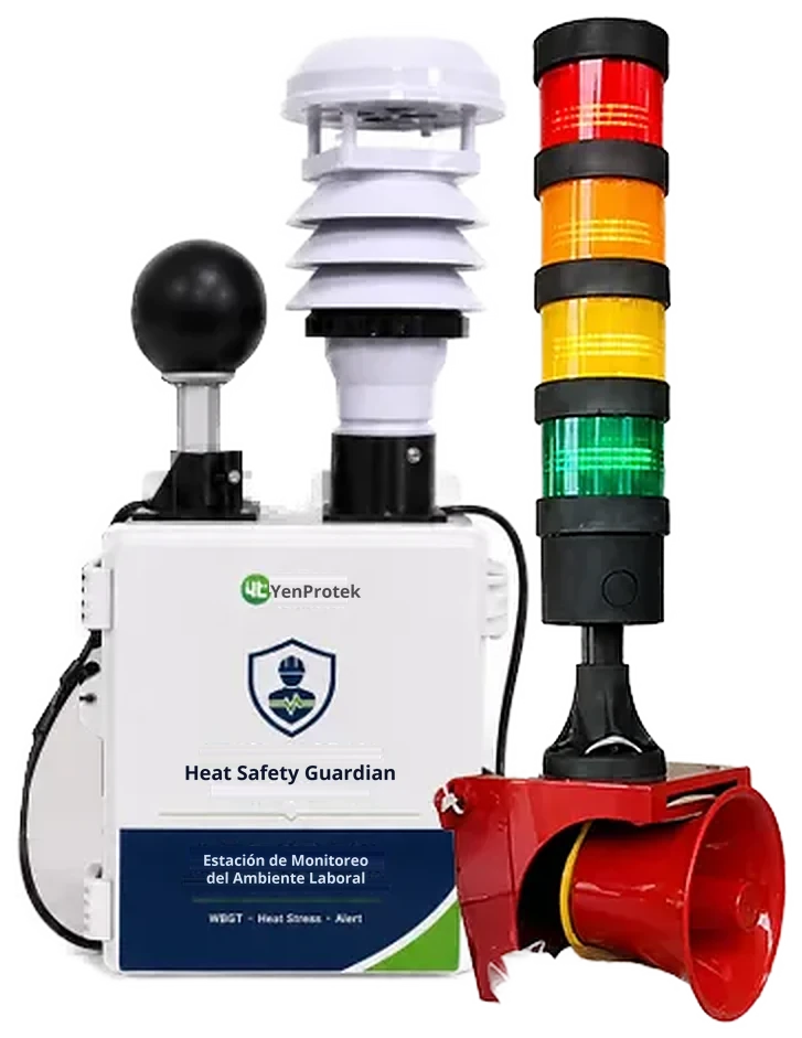 Paquete de hardware estándar de Heat Safety Guardian: unidad principal, sensores microclimáticos, semáforo tricolor y alarma sonora y visual
