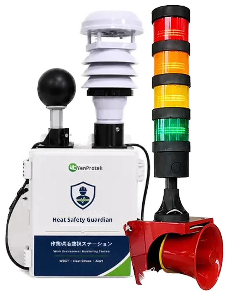 Heat Safety Guardian 標準ハードウェアセット：本体、微気象センサー、3色表示灯、音と光による警報器
