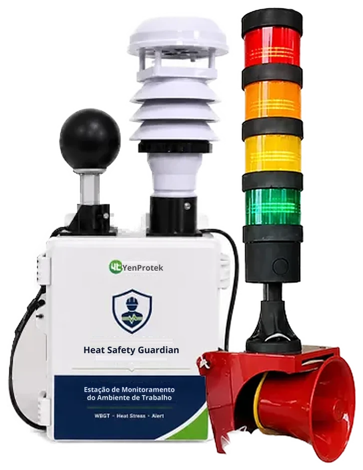 Pacote de hardware padrão do Heat Safety Guardian: unidade principal, sensores microclimáticos, sinaleiro tricolor e alarme sonoro e visual