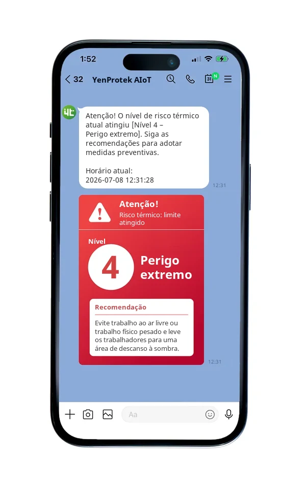 Mensagem de alerta push pelo LINE do Heat Safety Guardian: o risco térmico atingiu o nível 4, extremamente perigoso