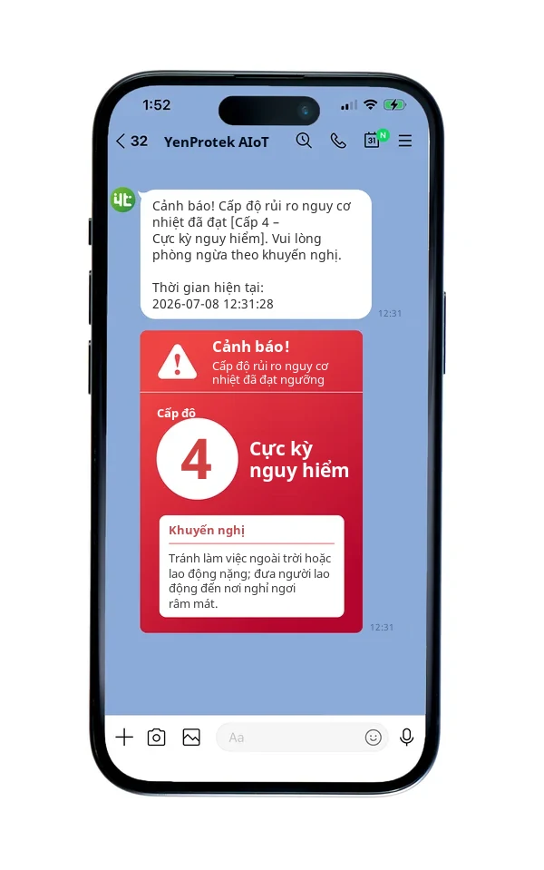 Tin nhắn cảnh báo LINE của Heat Safety Guardian: rủi ro nguy cơ nhiệt đạt cấp 4 – cực kỳ nguy hiểm