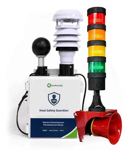 Pakej perkakasan standard Heat Safety Guardian: unit utama, sensor cuaca mikro, lampu isyarat tiga warna dan penggera bunyi dan cahaya
