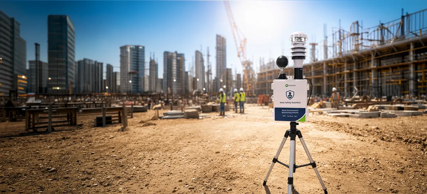 Heat Safety Guardian mounted on a tripod at a construction site, monitoring heat hazards in the work environment