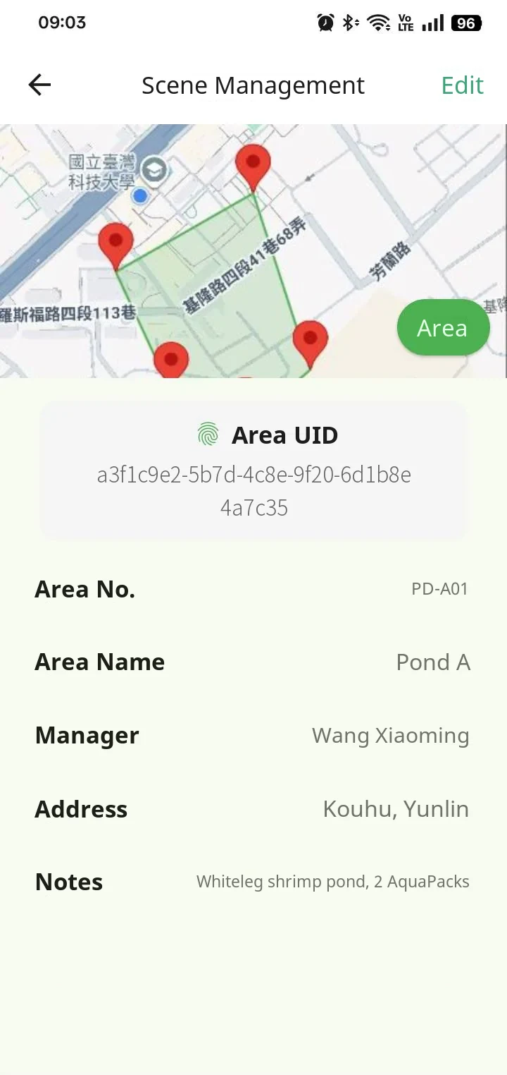 YenProtek App site screen: outline the site on a map and record the person in charge and address (sample data)