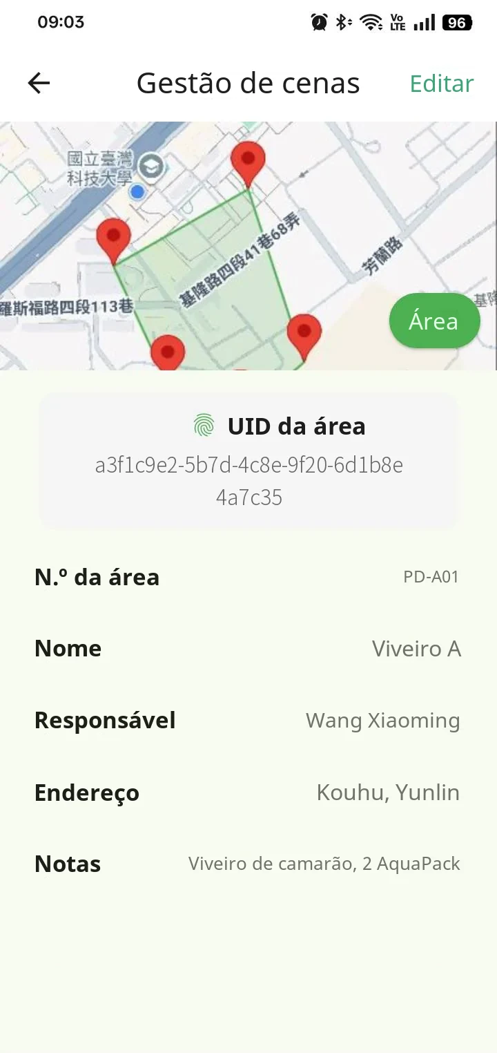 Página de locais do App da YenProtek: delimite a área no mapa e registre o responsável e o endereço (dados de exemplo)