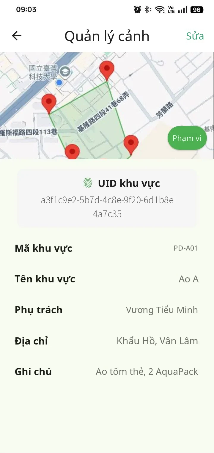 Trang địa điểm trên App YenProtek: khoanh vùng địa điểm trên bản đồ, ghi người phụ trách và địa chỉ (dữ liệu mẫu)