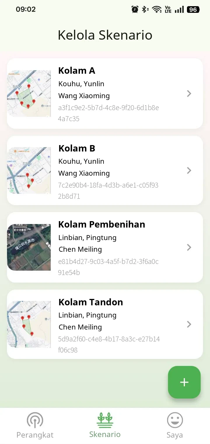 Manajemen area aplikasi YenProtek: daftar banyak lokasi sekaligus (data contoh)