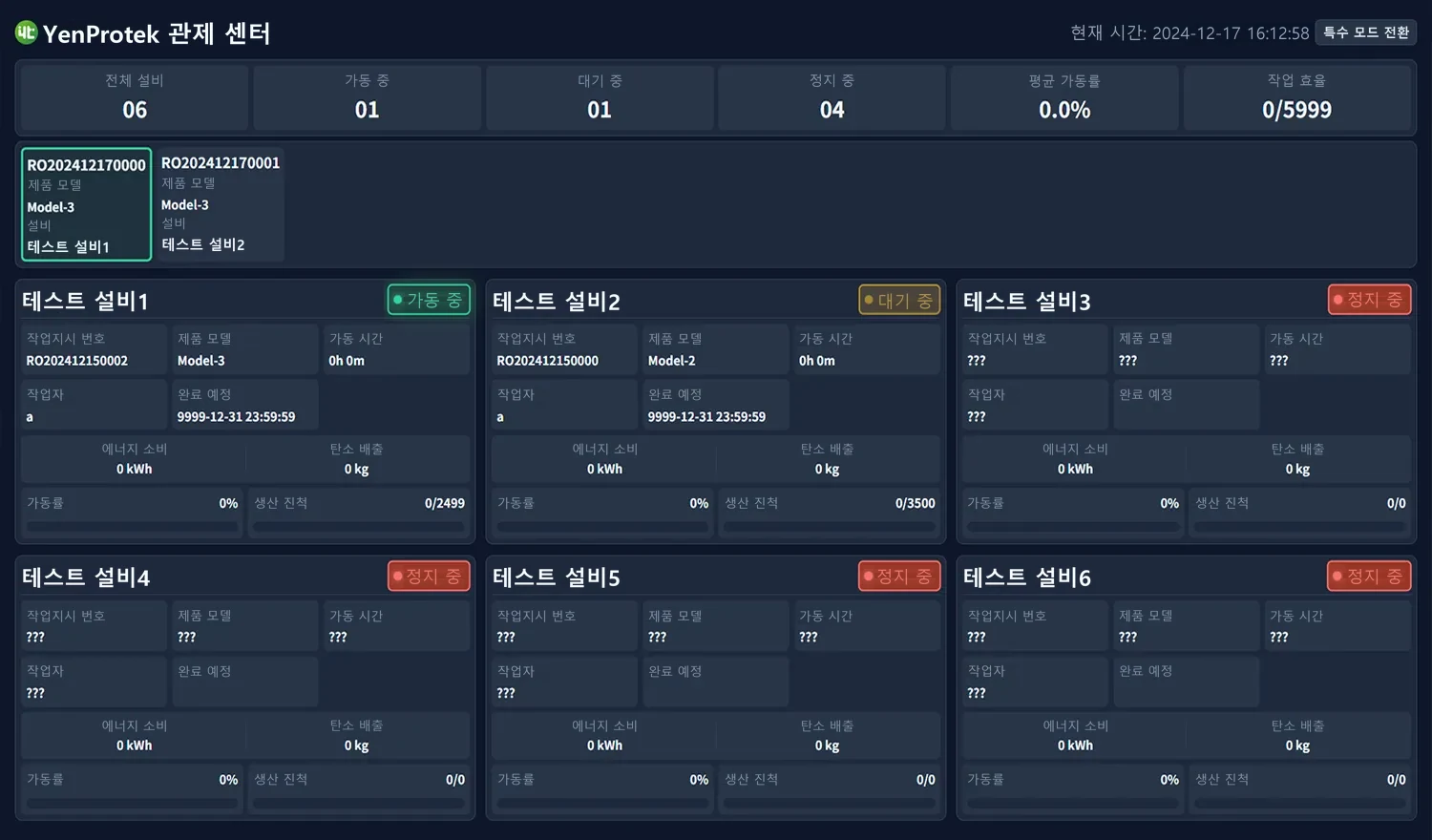 설비 가동 모니터링 시스템 - 관제 센터 전자 대시보드