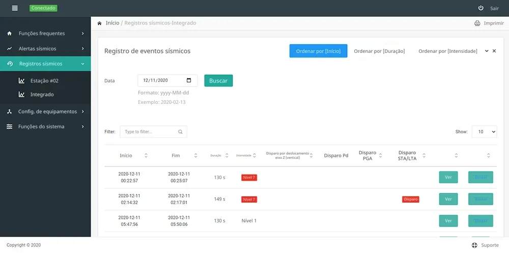 Tela 2 da IHM do sistema inteligente de monitoramento e alarme sísmico