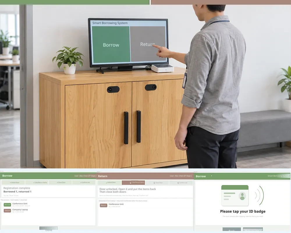 Second-generation RFID smart borrowing cabinet touch-screen home page (Borrow / Return).