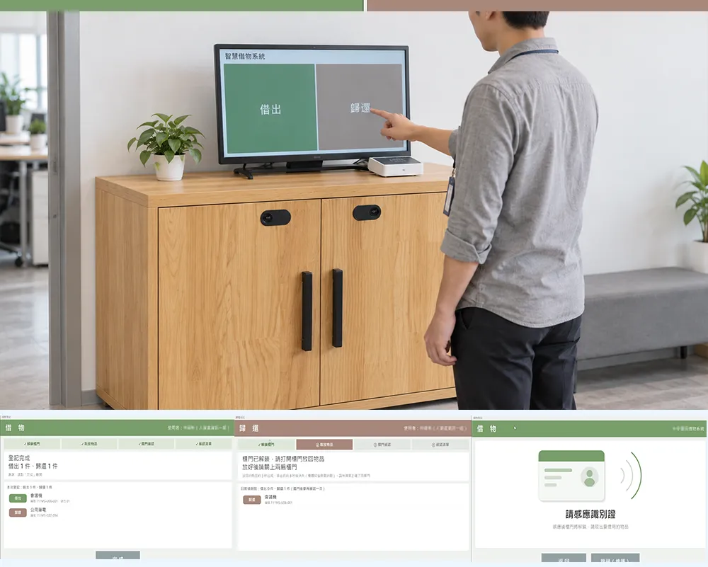 第二代 RFID 智慧感應借物櫃觸控主畫面（借出／歸還）
