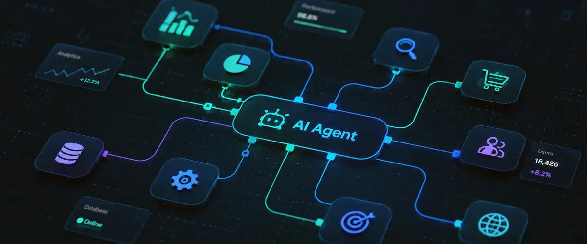 AI Agent 工作流程示意圖：中央 AI 代理人透過連線整合資料庫、數據分析、搜尋、購物車、使用者、設定與網路工具。